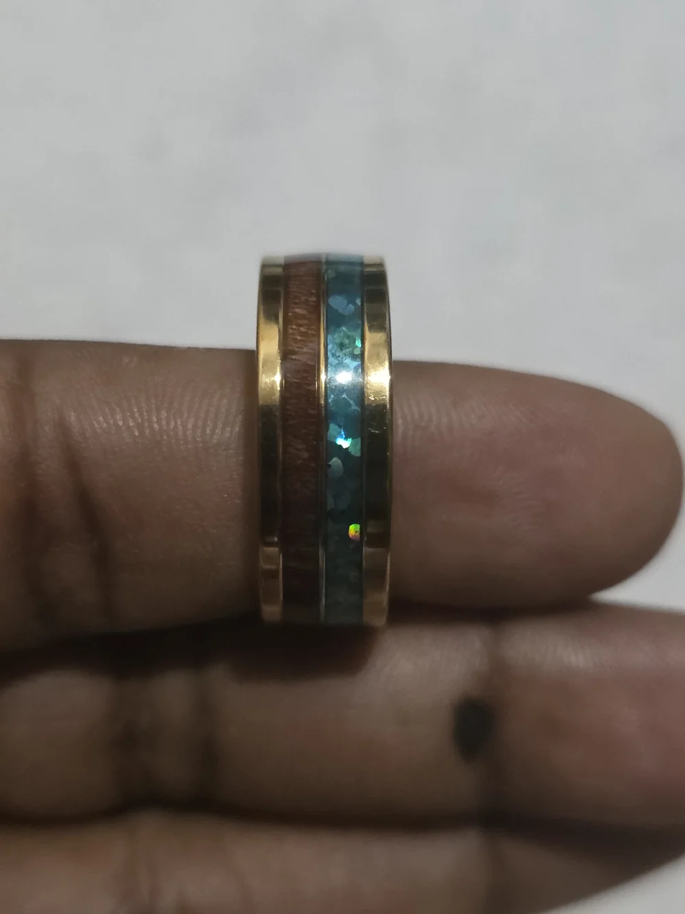 Gold-Tone Ring with Turquoise Inlay and Wood Accent - men's Jewelry